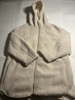 H&M Women’s Medium Cream Sherpa Teddy Fleece Hooded Long Coat Full Zip Jacket